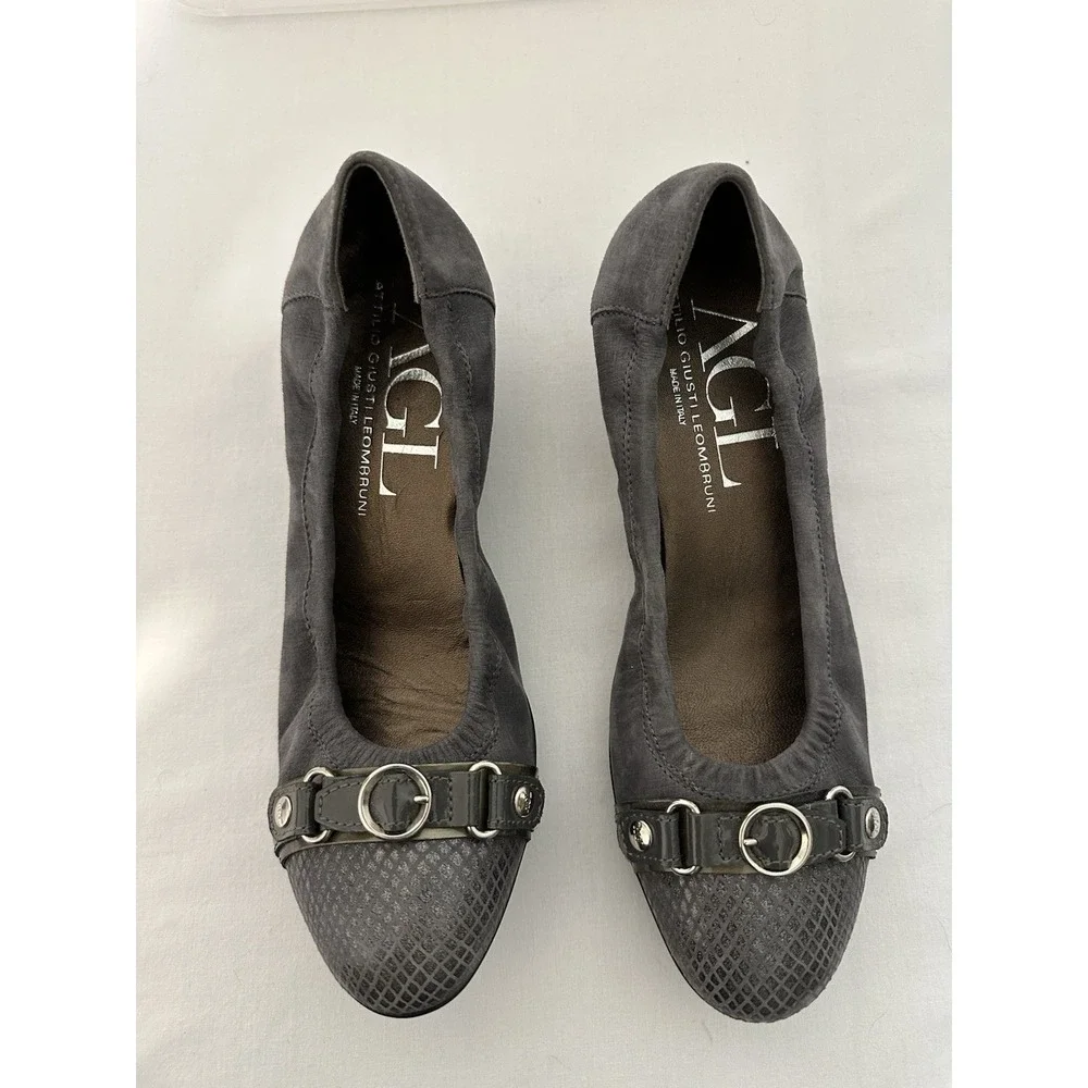 AGL Attilio Giusti‎ Leombruni Cap Toe Buckle Low Wedge Heel Gray Suede Size 39/9